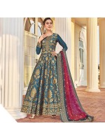 Gorgeous Peacock Blue Jacquard Silk Party Wear Gown
